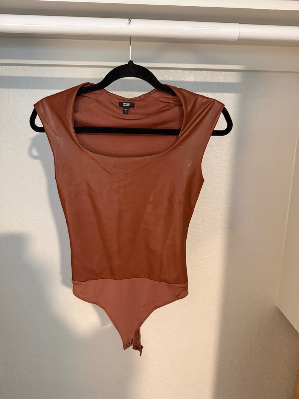 Express Rust-Brown Faux Leather Scoop Neck Bodysuit